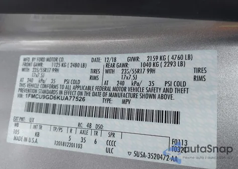 2019 Ford Escape Se из США, поврежденный, VIN 1FMCU9GD6KUA77526